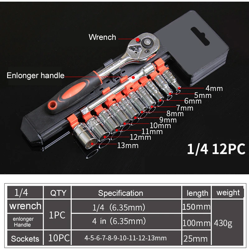 12Pcs Socket Wrench Set CR-V Drive Ratchet Wrench Spanner for Bicycle Motorcycle Car Repairing Tool Set Common Sockets 1/4Inch 