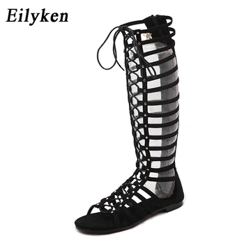 Eilyke High Quality Leather Women Sandals Strappy Open toe Knee  Summer Gladiator Flat Sandals Roman Bandage Casual Boots 1