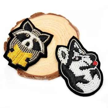 

DIY 3D Hand embroidery beaded Husky Raccoon patch with pin Punk wear metal wire cloth applique for Coat Trousers Bag Brooch