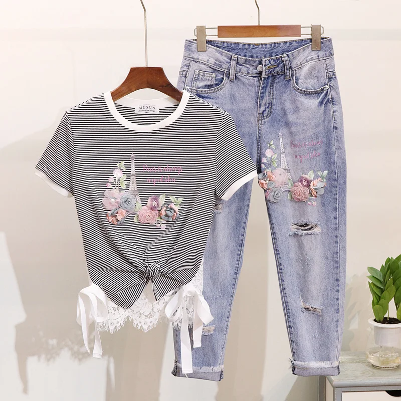 

2019 Spring and Summer Student Girls Bead Flower Stripes Short-sleeved T-shirt + Holes Denim Pants Two-piece Women Jeans Suit
