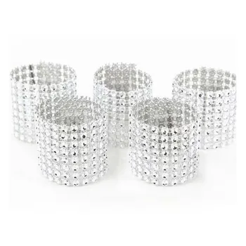 

50 Pcs\lot Silver Napkin Rings Plastic Rhinestone Wrap Net Napkin Ring Buckle For Wedding Supply Hotel Home Chair Table Decor