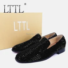 LTTL Black Rhinestone Men Dress Shoes Newest Fashion Flock Party Wedding Slippers Loafers Big Size Crystal Slip on Men's Flats christia bella metal signature shark tooth rhinestone men loafers wedding party dress shoes smoking slippers casual men flats