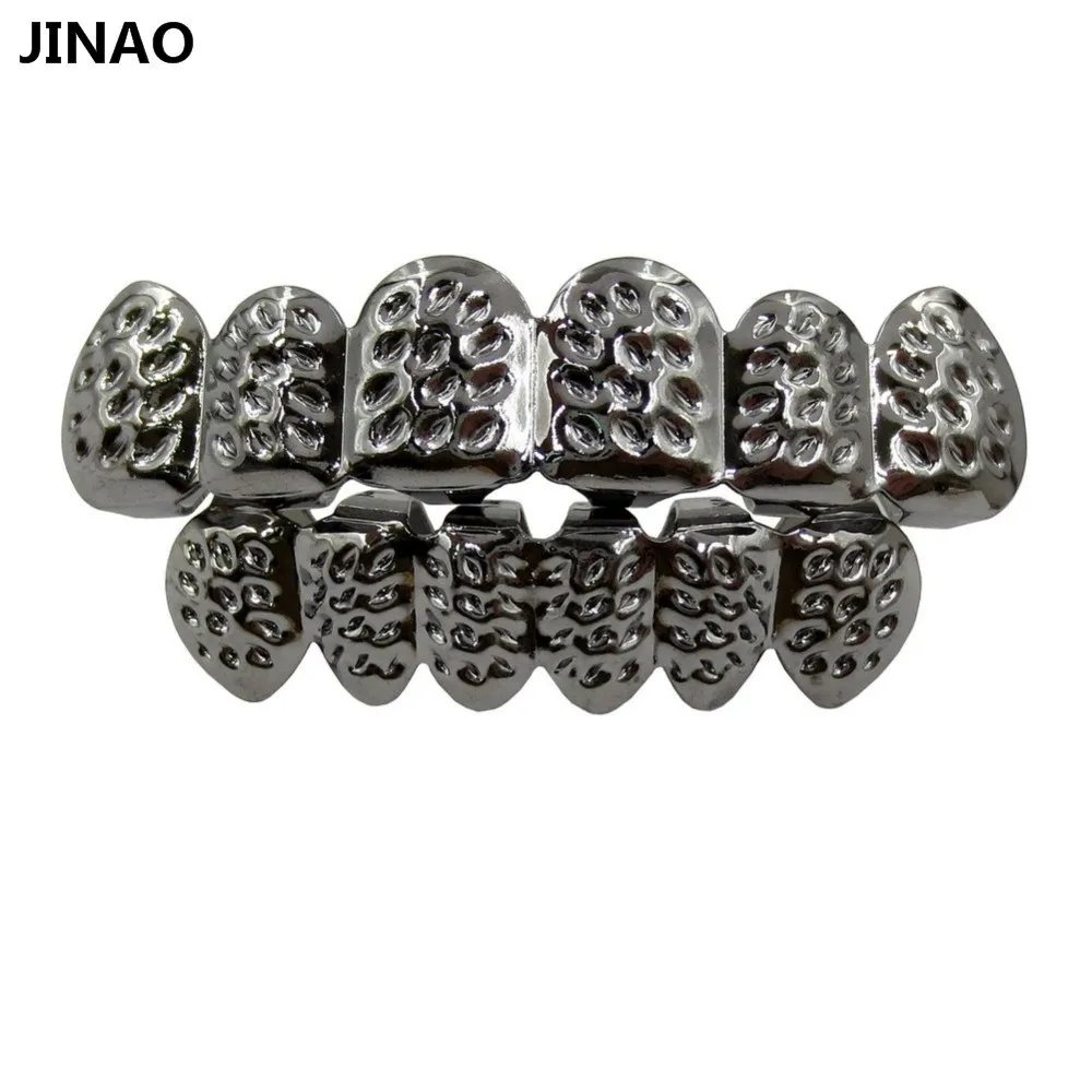 JINAO выпуклая форма позолоченные хип-хоп ЗУБЫ грили D-Cut Верхняя и нижняя гриля набор с силиконовыми вампирскими зубами гриль набор