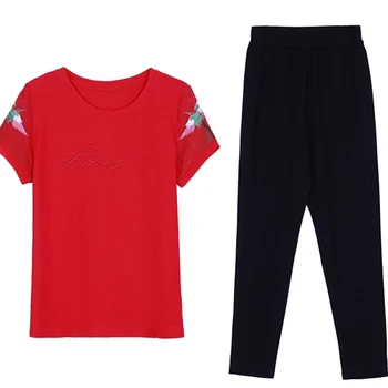 

Casual Sports Suit New Summer Embroidery Women Short-sleeve Trousers Sportswear Two-piece Sets Womens Plus size Sets Tide F605