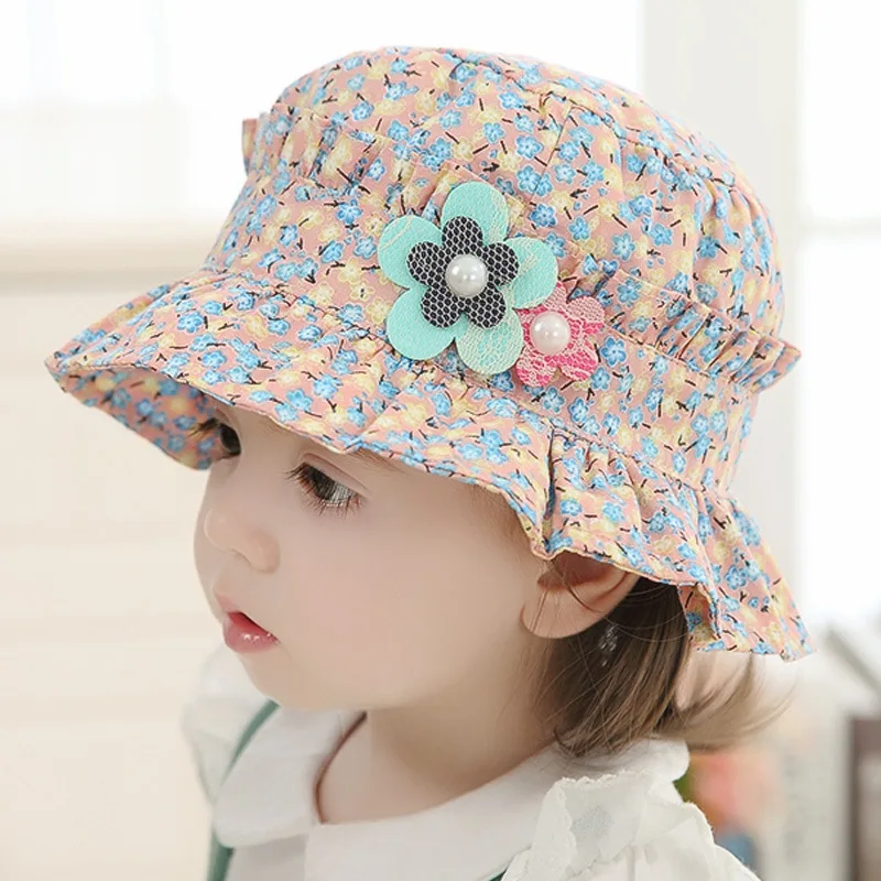 

Sun Helmet Cap Baby Girls Floral Pattern Bucket Hats Children flowers sun basin hat panama fisherman hat