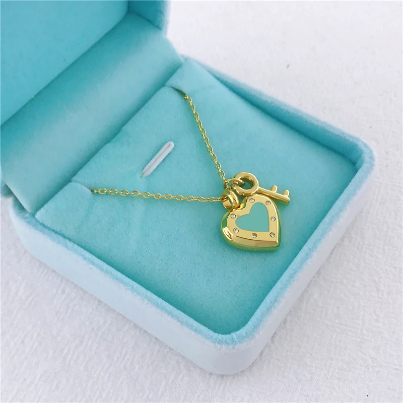 

New Tiff Gold Silver Classic Collarbone Chain Original Heart Key Colored Enamel Lucky Necklace Pendant Jewelry Fashion Lady
