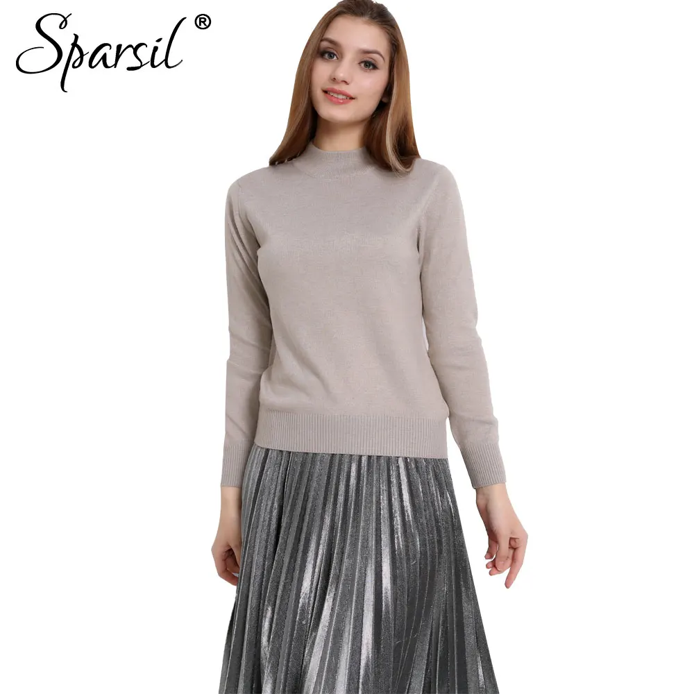 

Sparsil Women's Autumn Half-Height O-Neck Cashmere Blend Knitted Pullover Rib Sleeve 10 Colors Knitwear Thin Sweaters Slim Style