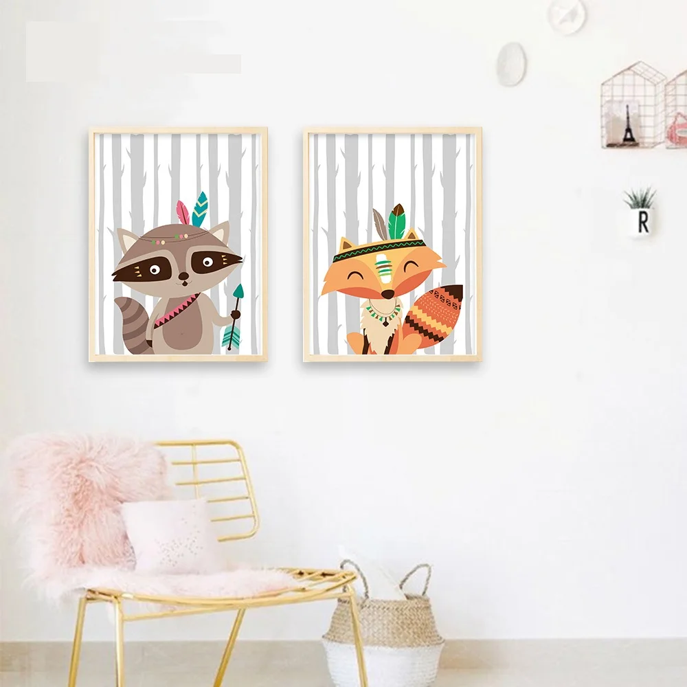 Tribe-Woodland-Animal-Bear-Fox-Wall-Art-Canvas-Nordic-Poster-Nursery-Prints-Cartoon-Painting-Picture-Baby(4)