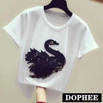 

Plus Size 3XL!2019 Summer Short-sleeved T-shirt Women Embroidered Diamond Sequined Swan Top Tees Girls Students
