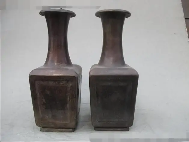 

12"China Royal old Pure Bronze goodly quadrate bottle Copper pot Vase Pair