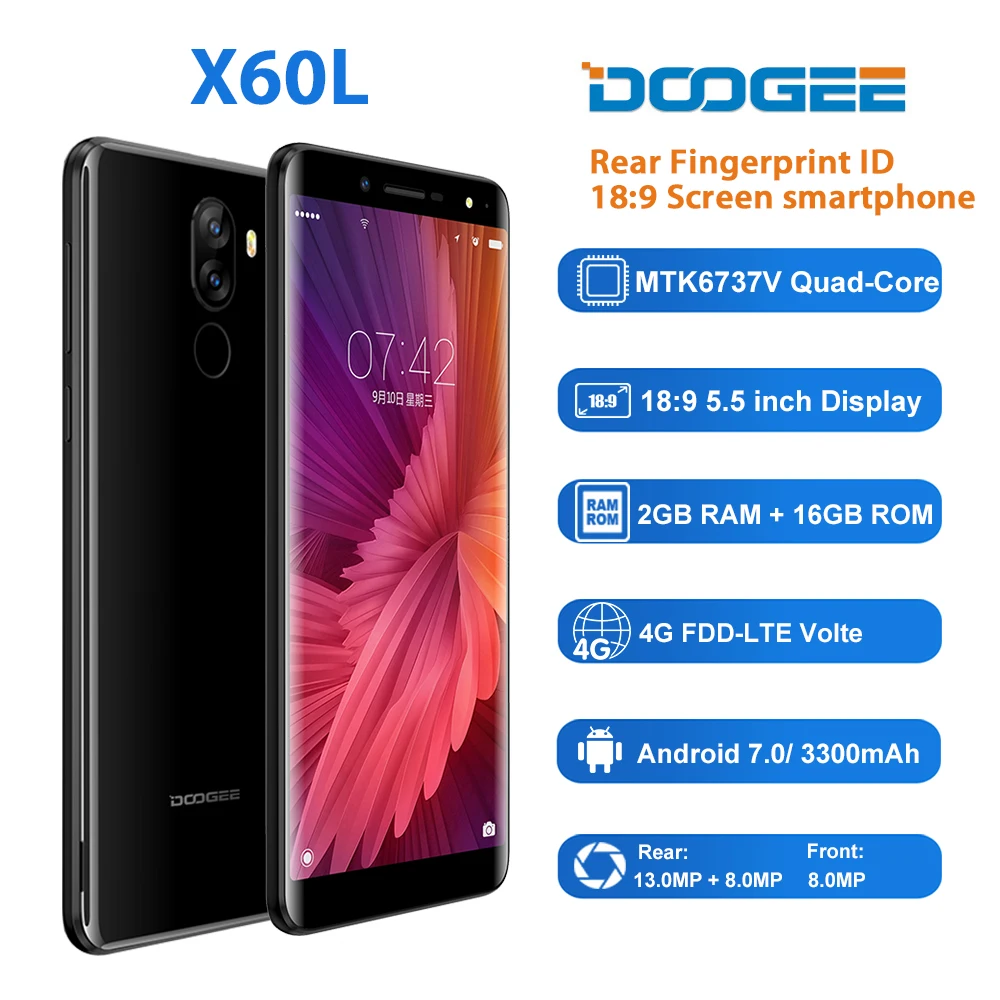 DOOGEE X60L 5 ''дюймов 2 ГБ + 16 4G LTE смартфон двойной Камера 13.0MP Android 7 0 3300 мАч