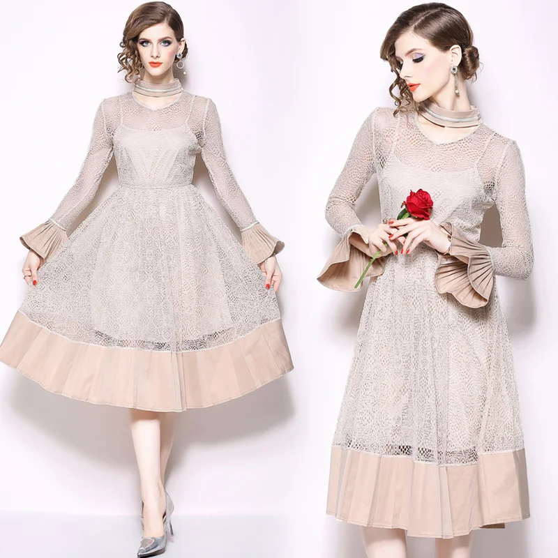 2019 Новинка весны Для женщин Elegent лоскутное кружевное платье леди О-образным