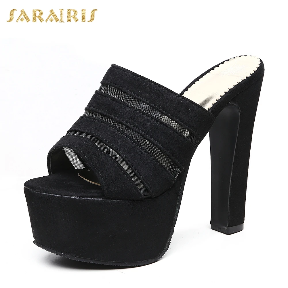 SARAIRIS/Новинка года; Брендовая обувь для вечеринок на платформе размера плюс 31-48; женские босоножки; пикантные женские туфли-лодочки из флока на высоком каблуке - Цвет: Черный