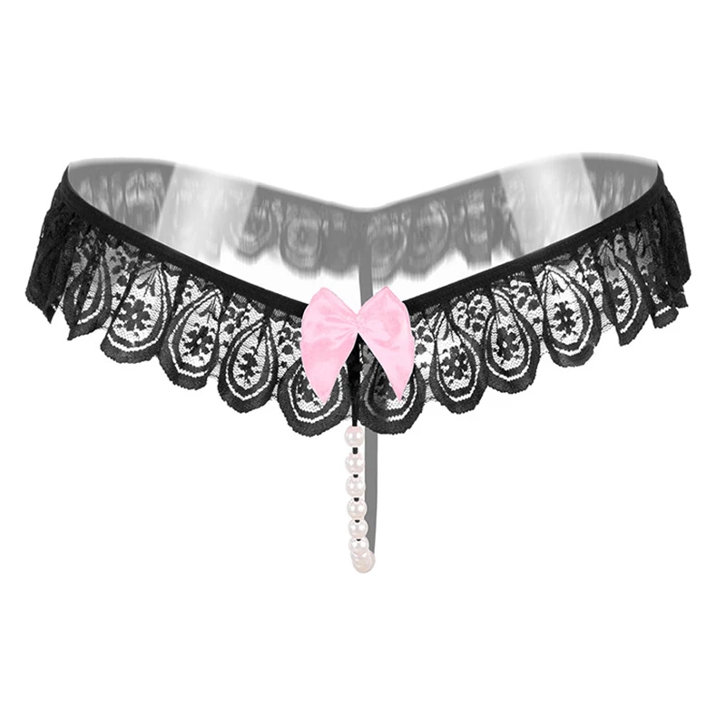 

Woman Sexy Lace Panties Briefs Low Waist Hollow Transparent Panties Bow Seamless Pearl Bead G-String Thongs Underwear