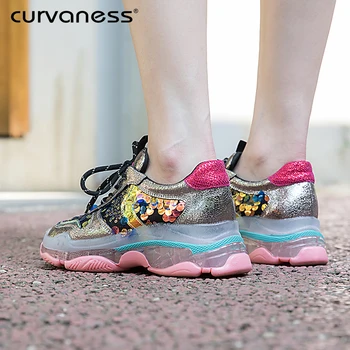 

Curvaness 2019 New Sneakers Women 35-40 Platform White Sneakers Horsehair Shoes Casual Flats Breathable Soft Woman Chunky Shoes