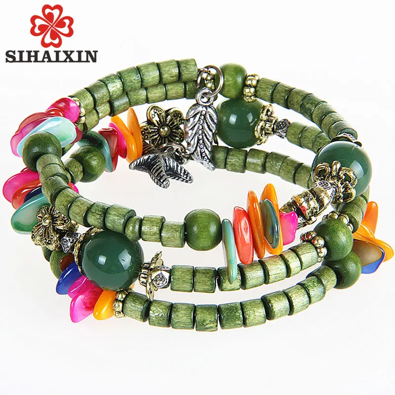 

Wooden Beads Bracelets For Women Bohemia Multilayer Colorful Natural Stone Wood Charm Jewelry 2018 Bangles Set gift for lady