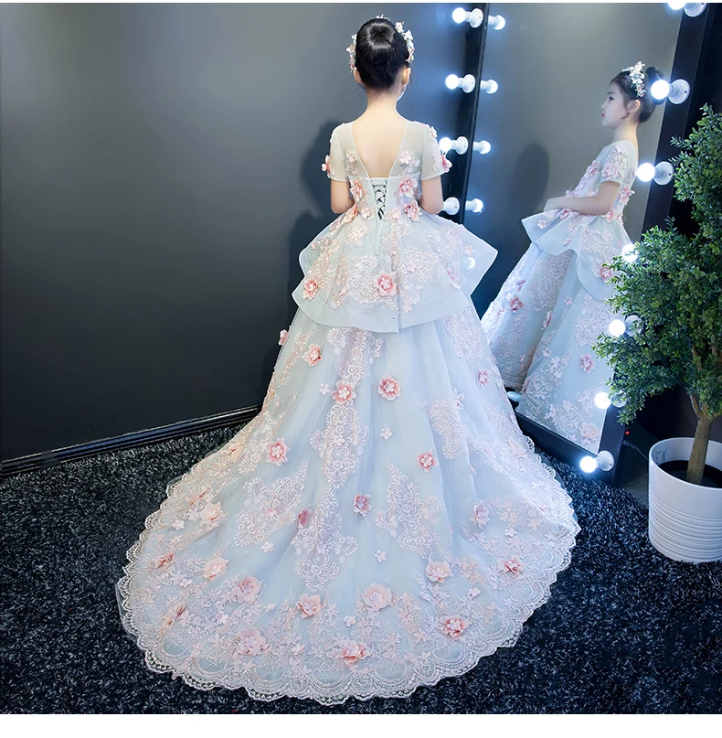 Vestidos de comunion кружева 1/2 рукава со шлейфом цвет небесно-синий цветок платья для девочек для Свадьбы Роскошные праздничное платье для девочек
