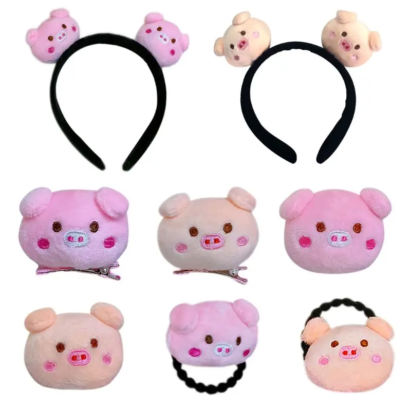 

Cute Cartoon Pink Pig Children Adult Fluffy Plush Doll Toy Decor Hair Clip Brooch Embroidered Rope Ponytail Holder Headband Head