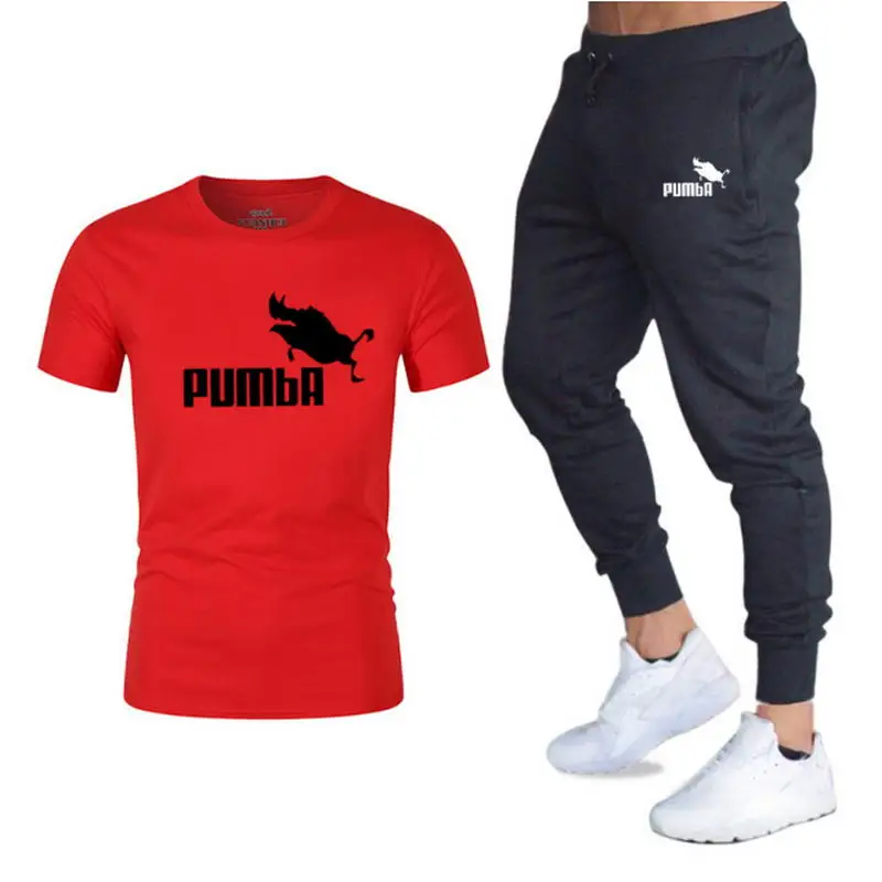 

Summer Hot Sale Men's Sets t shirts+pants Two Pieces Suit homme Pumba printing men cool tshirt kawaii Men t-shirt+Fitness pants