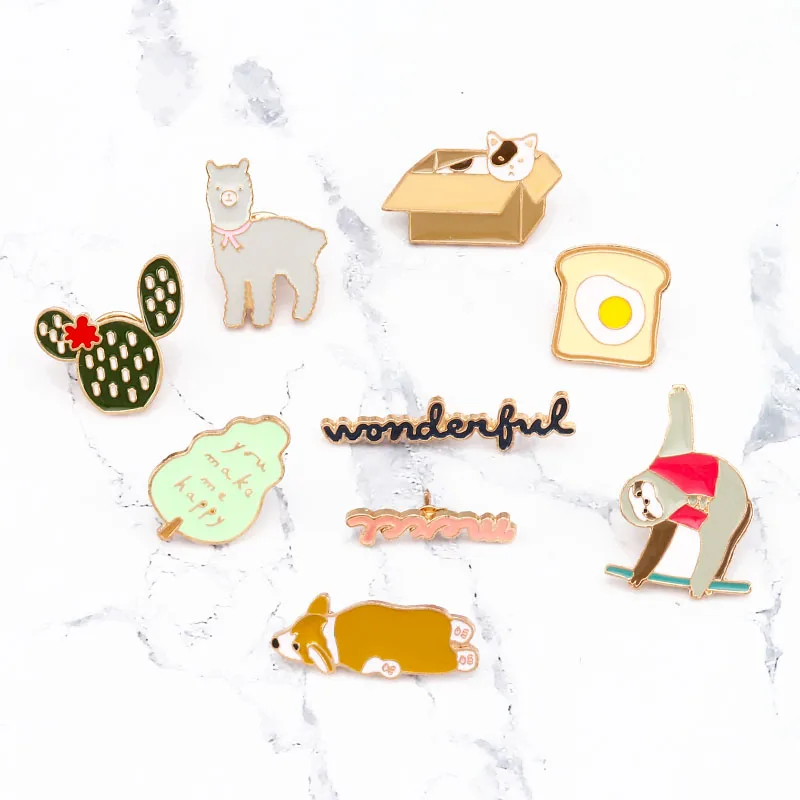 

Cartoon Pins Cactus Tree Toast Cat Dog Sloth Alpaca Merci Wonderful Enamel Pins Cute Badges Brooches Jewelry Accessories Gifts