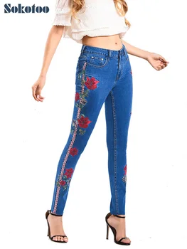 

Sokotoo Women's 3D flower embroidery skinny pencil jeans Fashion embroidered contrast color panelled blue denim pants