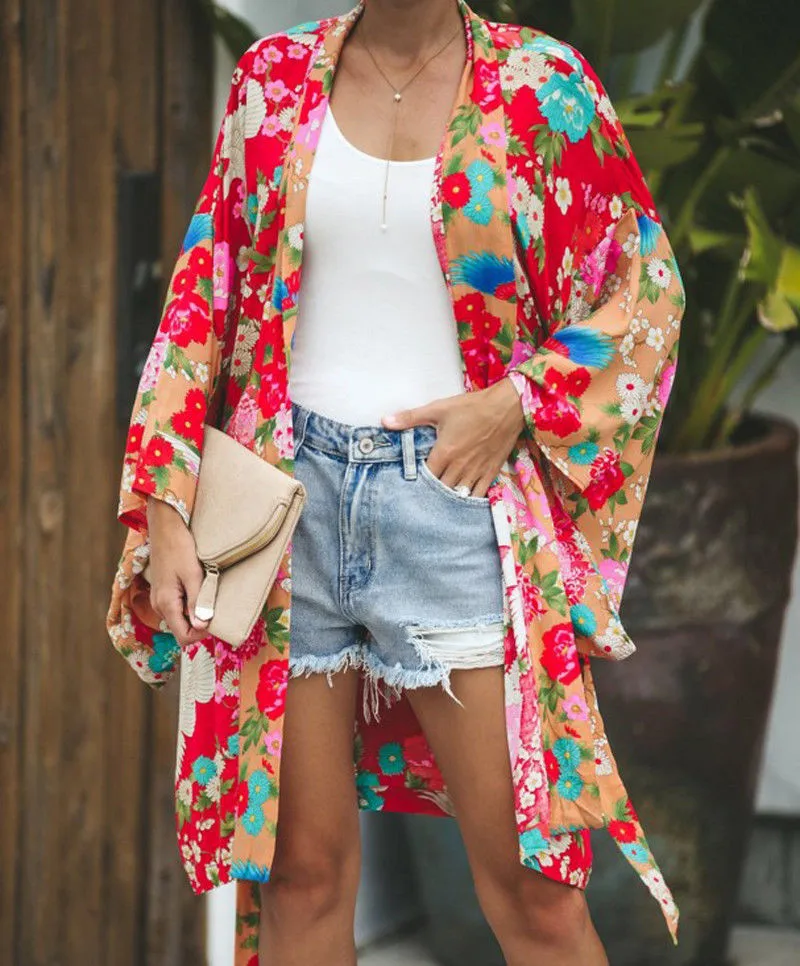 2019 Autumn Summer Women Long Sleeve Bohemian Floral Casual Loose Long Blouse Kimono Long Cardigan Flare Sleeve Print Thin Shirt