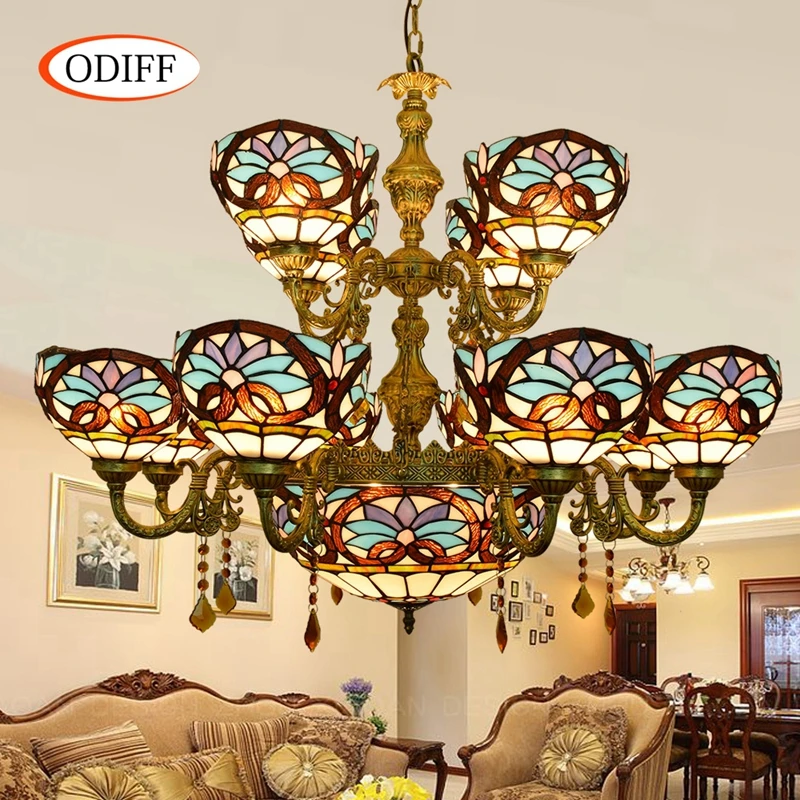 

ODIFF European style retro creative stained glass Love Baroque Hotel living room villa Crystal Pendant Lights Double-deck lamps