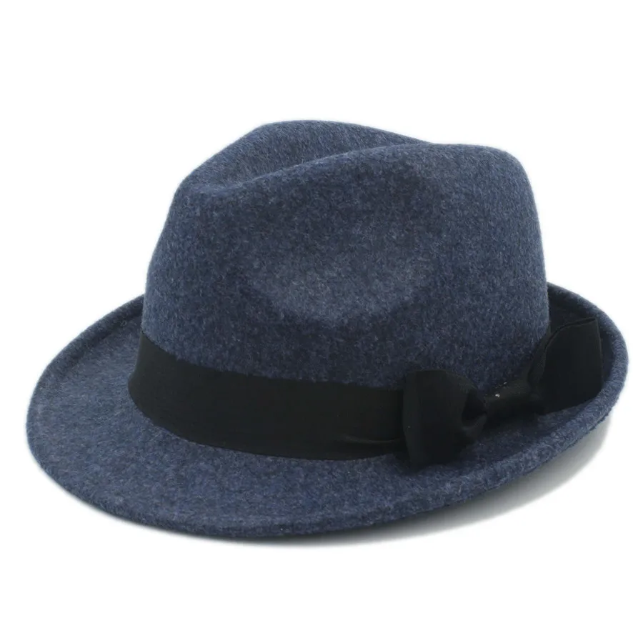 Женская и Мужская шерстяная шляпа-федора, элегантная дамская шляпа, зима-осень, джазовая церковная Панама, шапки с бантом и лентой, размер 56-58 см - Цвет: Dark Blue