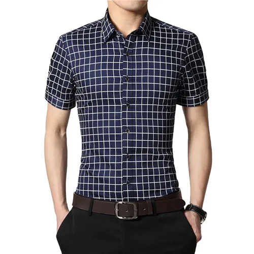 Летние мужские рубашки, мужские клетчатые рубашки с коротким рукавом, хлопковые, не железные, приталенные, повседневные, размера плюс, мужская одежда 4XL 5XL YN465 - Цвет: navy
