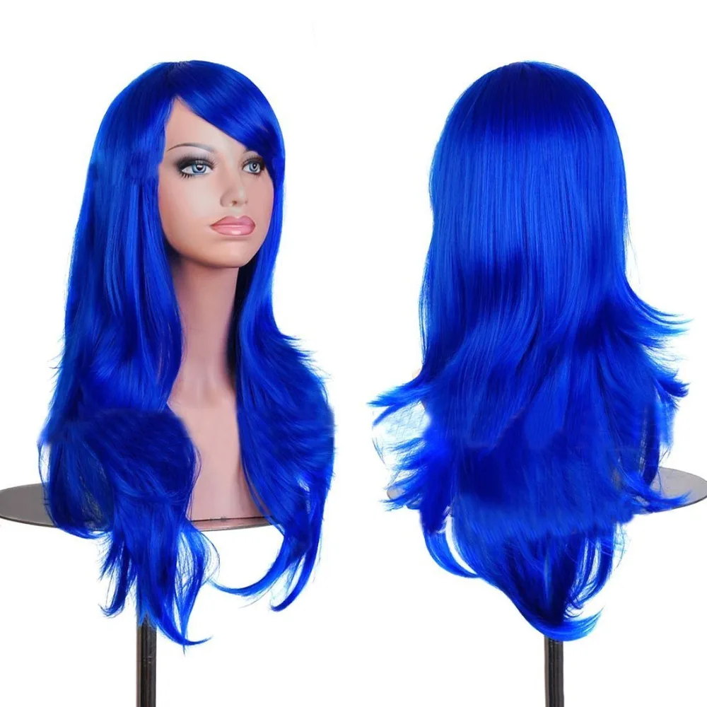 

28 " 70cm Anime Cosplay Big Curly Wig Halloween costume ball toupee (Blue)
