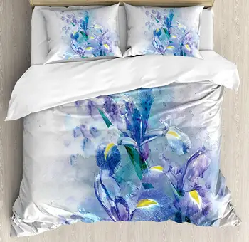 

BIGHOUSES Duvet Cover Watercolor Flower Duvet Cover Set Floral Background with Pretty Irises in Fresh Color Nature Earth Spirit