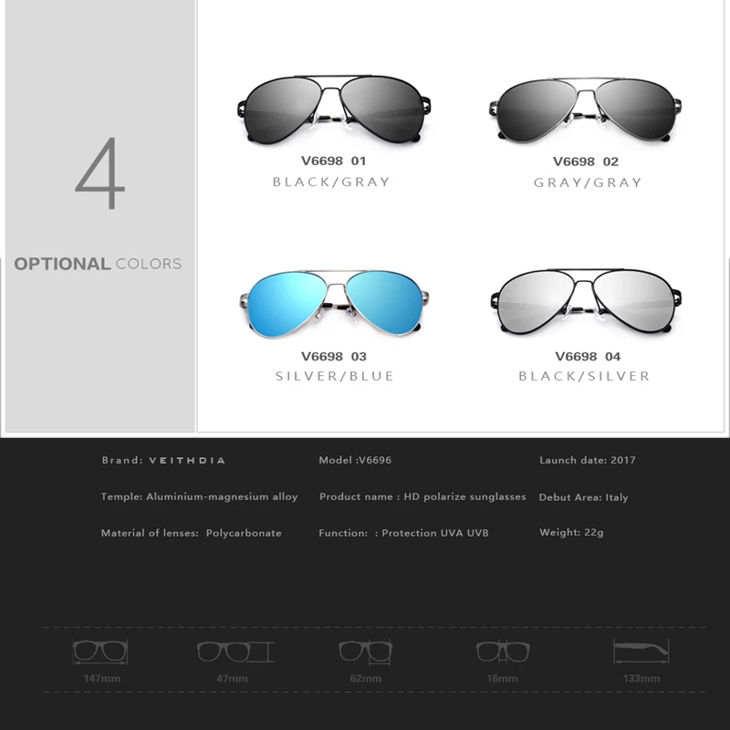 Бренд veithdia дизайнерские солнцезащитные очки поляризованные мужские солнцезащитные очки Oculos de sol мужские аксессуары для мужчин/женщин 6698