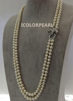 

WEICOLOR 80-85cm Two Strand 8-9mm Nearround White Natural Freshwater Pearl Necklace ,Nice Rhinestone Butterfly Clasp