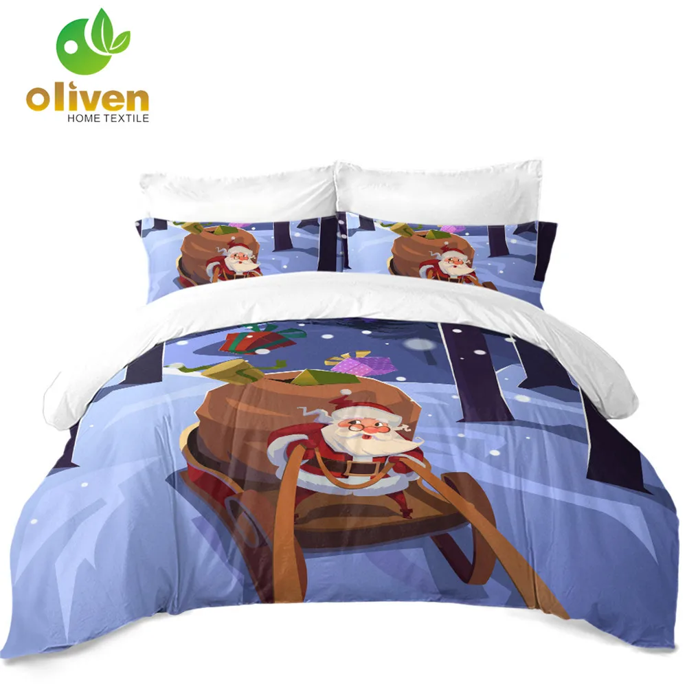 

Blue Christmas Bedding Set Cartoon Santa Claus Sleigh Duvet Cover Set Ice and Snow Forest Print Bed Cover Home Textile 3Pcs D20