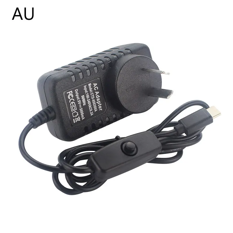 Universal USB Type C Power Adapter with ON/OFF Switch - 5V 3A, Multi-Plug Compatibility