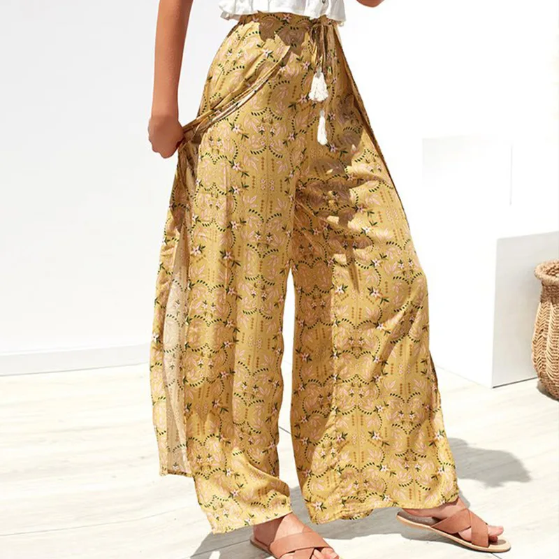 IUURANUS Casual High Waist Wide Leg Pants Women 2019 Summer Beach Split Trousers Female Holiday Vintage Floral Prints Capris IUURANUS Casual High Waist Wide Leg Pants Women 2019 Summer Beach Split Trousers Female Holiday Vintage Floral Prints Capris