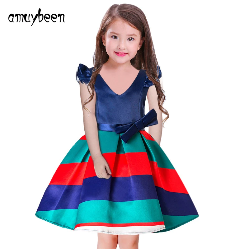 

Amuybeen 2018 baby girls princess summer dresses kids stripe Patchwork Costumes for Girl children party christmas clothes 10 12