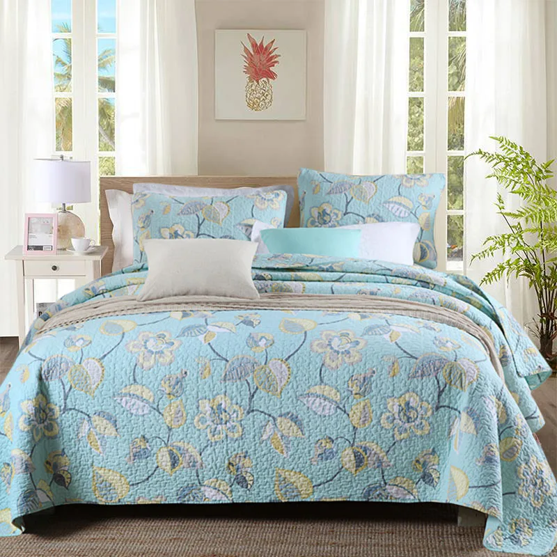 Quality Printed Bedspread Quilt Set 3PCS Blue Coverlet Washed Cotton Quilts Aircondition Bed Cover King Queen Size Blanket | Дом и сад