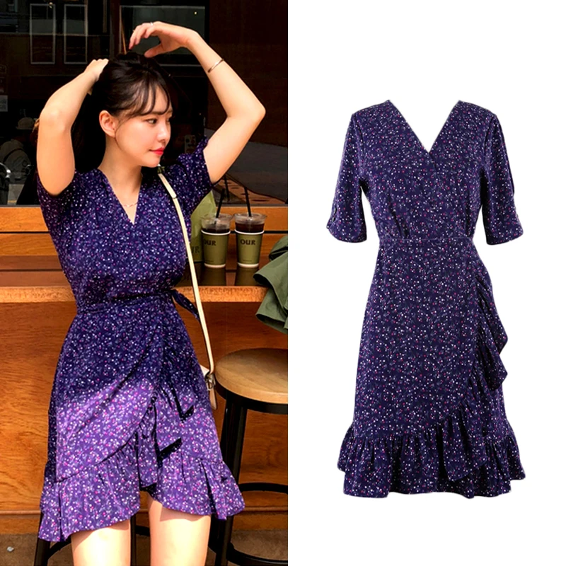 

Summer V Neck Flower Dress Chiffon Short Sleeve High Waist Ruffles Dress Vintage Robe Femme Vestido Mujer Vestiti Donna