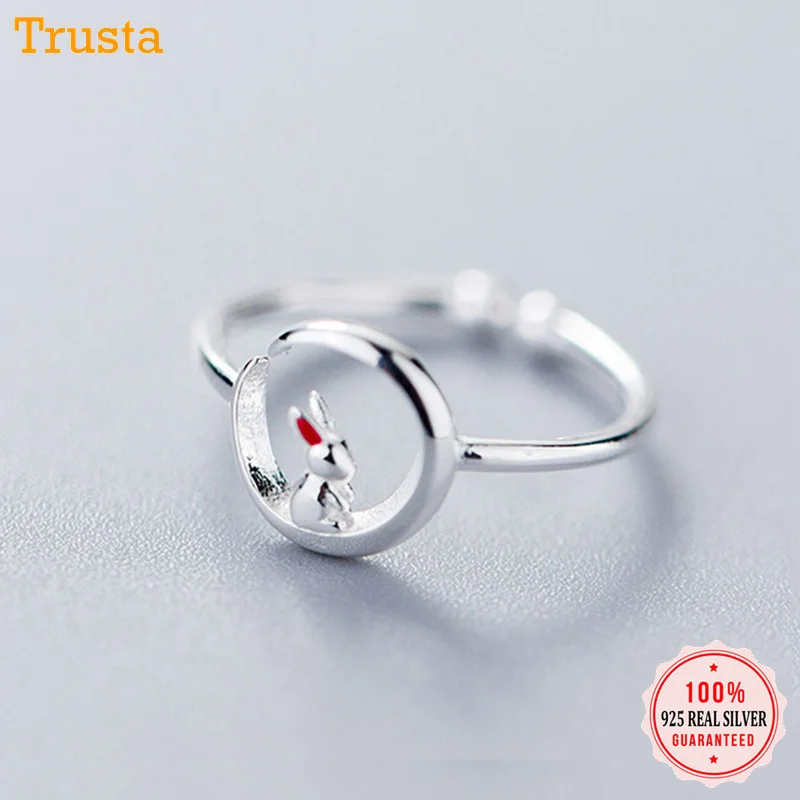 

Trusta 100% 925 Solid Real Sterling Silver Moon Rabbit Cocktail Opening Ring Sizable 5 6 7 For Women Girl Fine Jewelry DS15