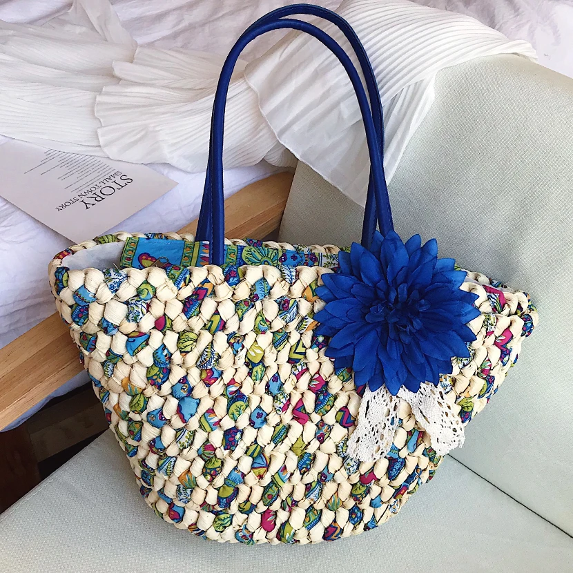 

Fashion Flowers Women Handbags Summer Beach Bag Handmade Rattan Woven Straw Bag Color Woven Basket Shoulder Bags for Women Sac