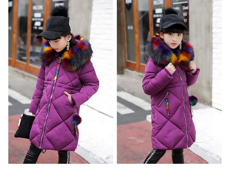 Зимние пальто для девочек модная одежда с меховым воротником коллекция года, детские куртки с хлопковой подкладкой для девочек, плотные теплые парки, пальто для детей возрастом от 4 до 14 лет