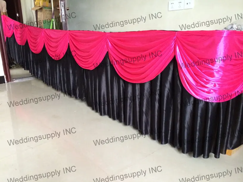 

13ft wedding party Black table skirting cover with Fushcia swag table decoration with ripple drape skirting clips