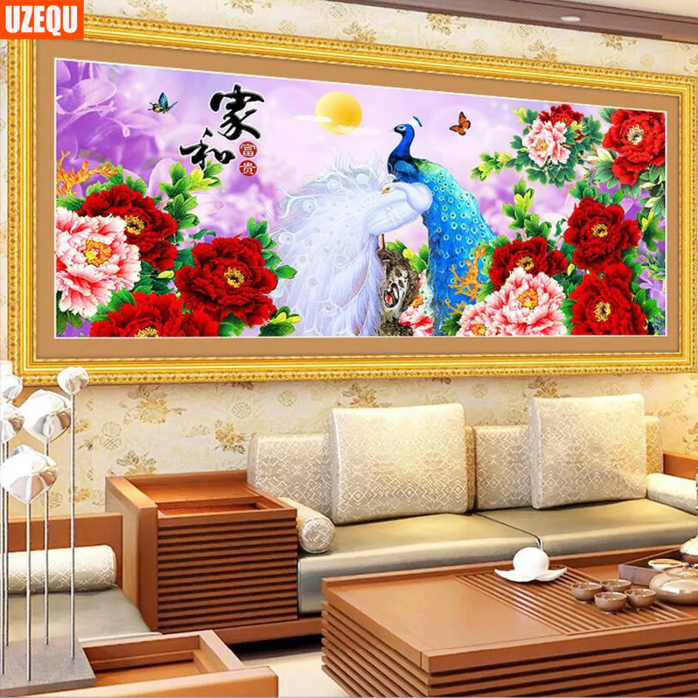 

UzeQu Diamond Embroidery Full Round 5D DIY Diamond Painting Cross Stitch Peacock Peony Flower Mosaic Painting Rhinestones Decor