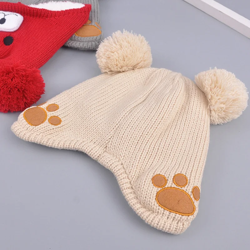 Soft Warm Bear Beanie Hat For Baby Boys Girls Cute Cartoon Kids Hat With Pompom Knitted Double Layer Velvet Winter Baby Hat New  (1)