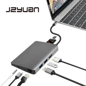 

JZYuan USB C Dock HDMI Ethernet Audio 3.5mm With Type C PD USB 3.0 Card Reader Hub Adapter Laptop Accessories For Macbook Pro
