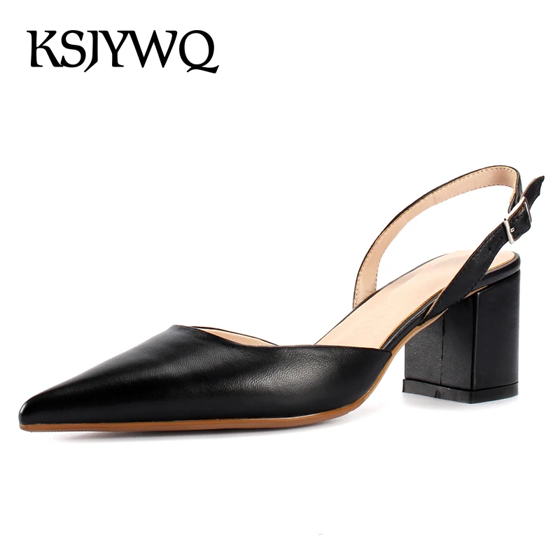 

KSJYWQ Sexy Pointed-toe Women Pumps 7 CM Chunky Heels Genuine Leather Buckle Sandals Summer Style Dress Shoes Box Packing XJ095