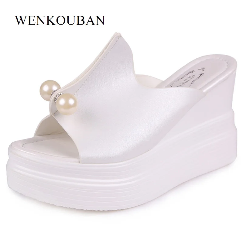 

Women Sandals Shoes Female Summer Platform Slides Wedge Slippers Ladies Shoes Slip On Pearl Fish Mouth High Heels 9cm Sandalias
