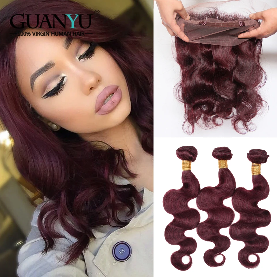 

Guanyuhair 3pcs Burgundy Hair Bundles With 360 Lace Frontal 99J Hair Weave Peruvian Body Wave Remy Human Hair Extensions