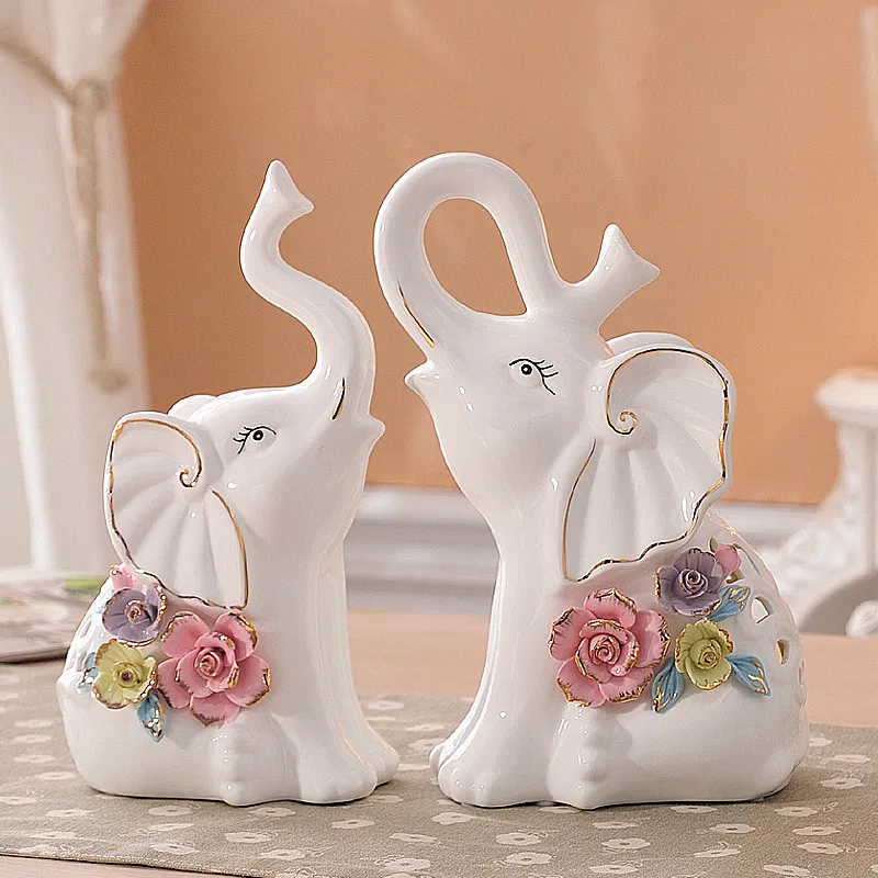 

Modern ceramic couple elephant ornaments lucky feng shui animal porcelain figurines room decorations furnishings wedding gifts
